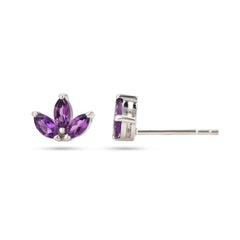 Pair of purple gemstone earrings on a white background