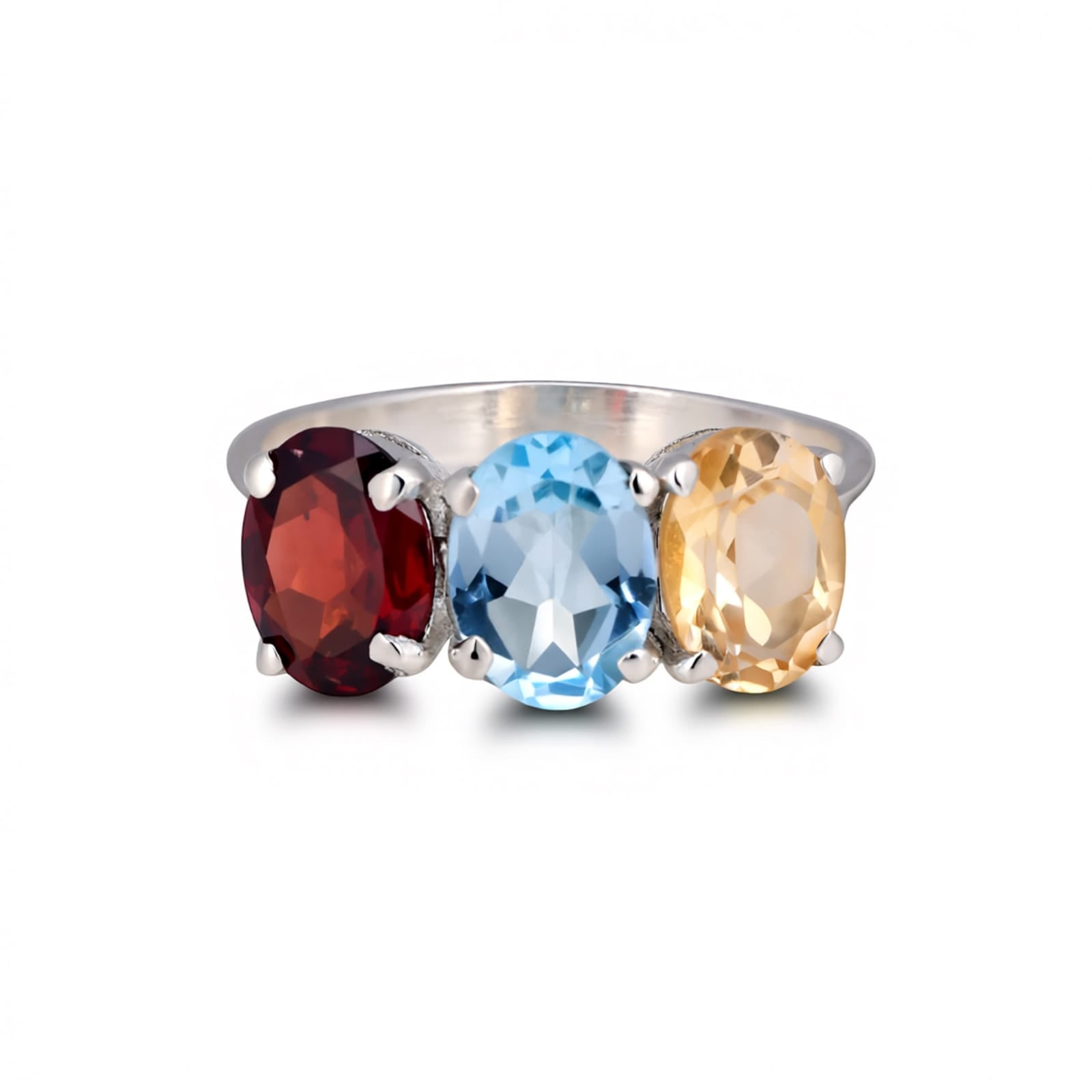 Trio Gem Citrine, Garnet & Blue Topaz Ring in 925 Sterling Silver