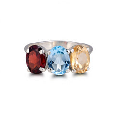 Trio Gem Citrine, Garnet & Blue Topaz Ring in 925 Sterling Silver