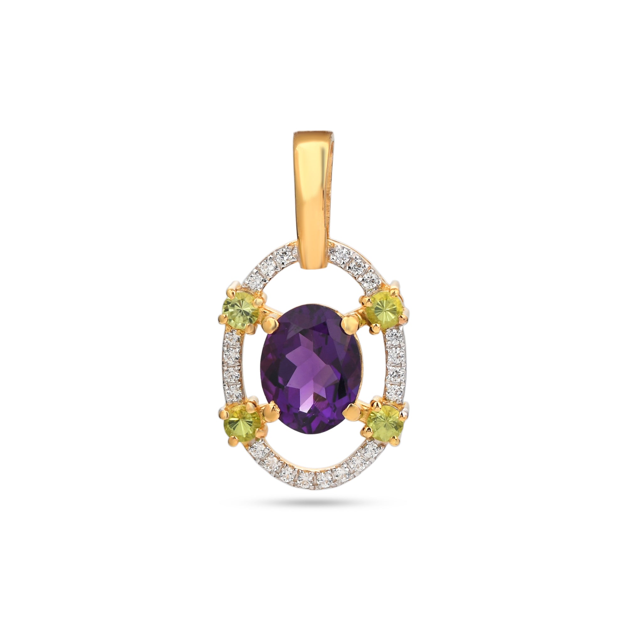 Gold pendant with purple gemstone and smaller yellow and green stones on a white background