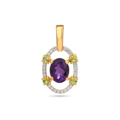 Gold pendant with purple gemstone and smaller yellow and green stones on a white background
