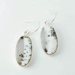 Oval White and Grey Dendritic Agate Silver Earring
