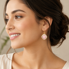 Pink opal 925 silver earrings with White Enamel
