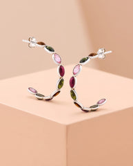 Multi Tourmaline Silver Hoop Earrings In 925 Silver