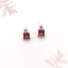 Square Garnet Stone Silver Earrings