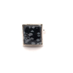 Square Snowflake Obsidian Stone Silver Ring