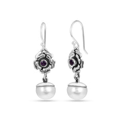 Amethyst Bloom Pearl Drop Earrings in 925 Silver