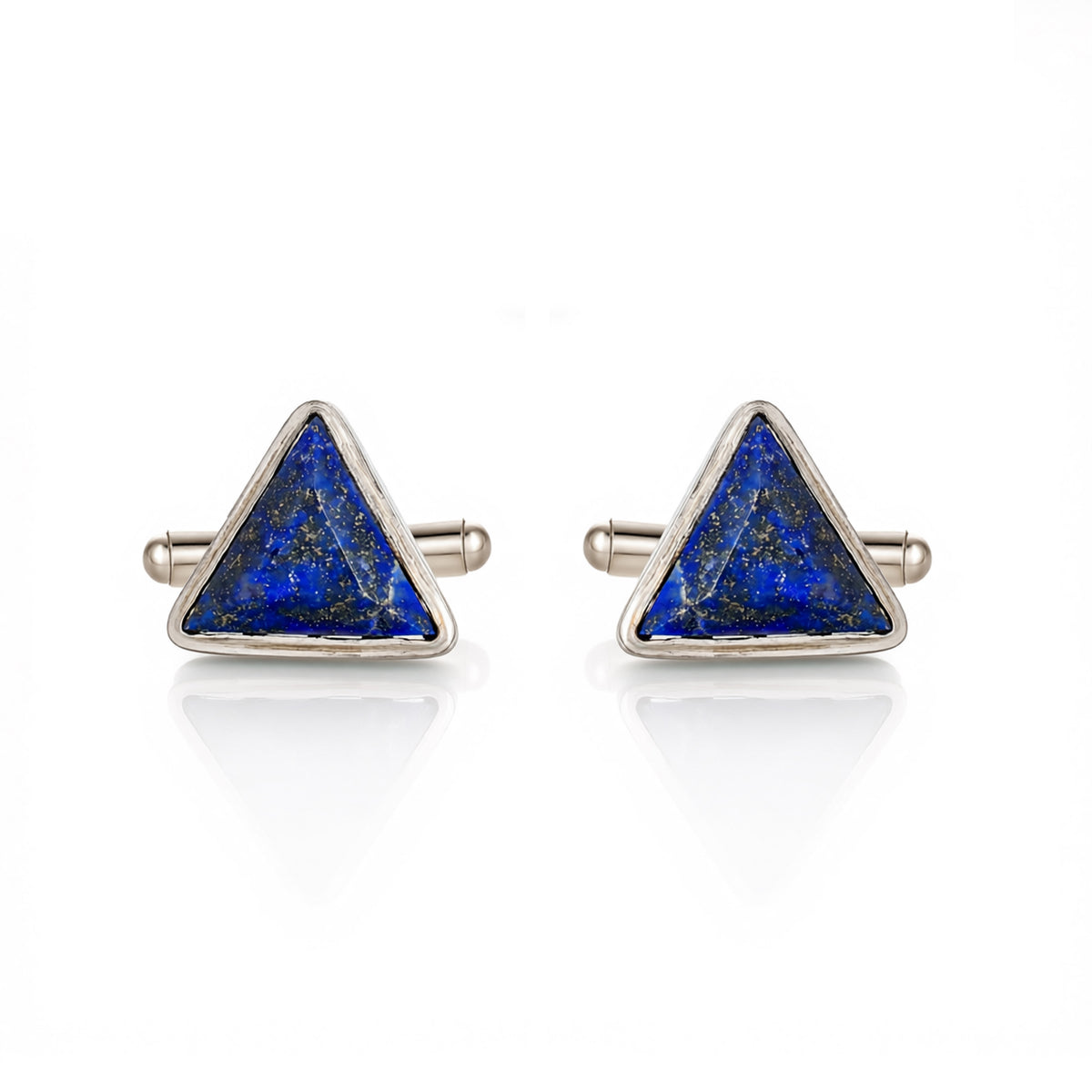 Pair of triangle-shaped cufflinks with blue stone centers on a white background