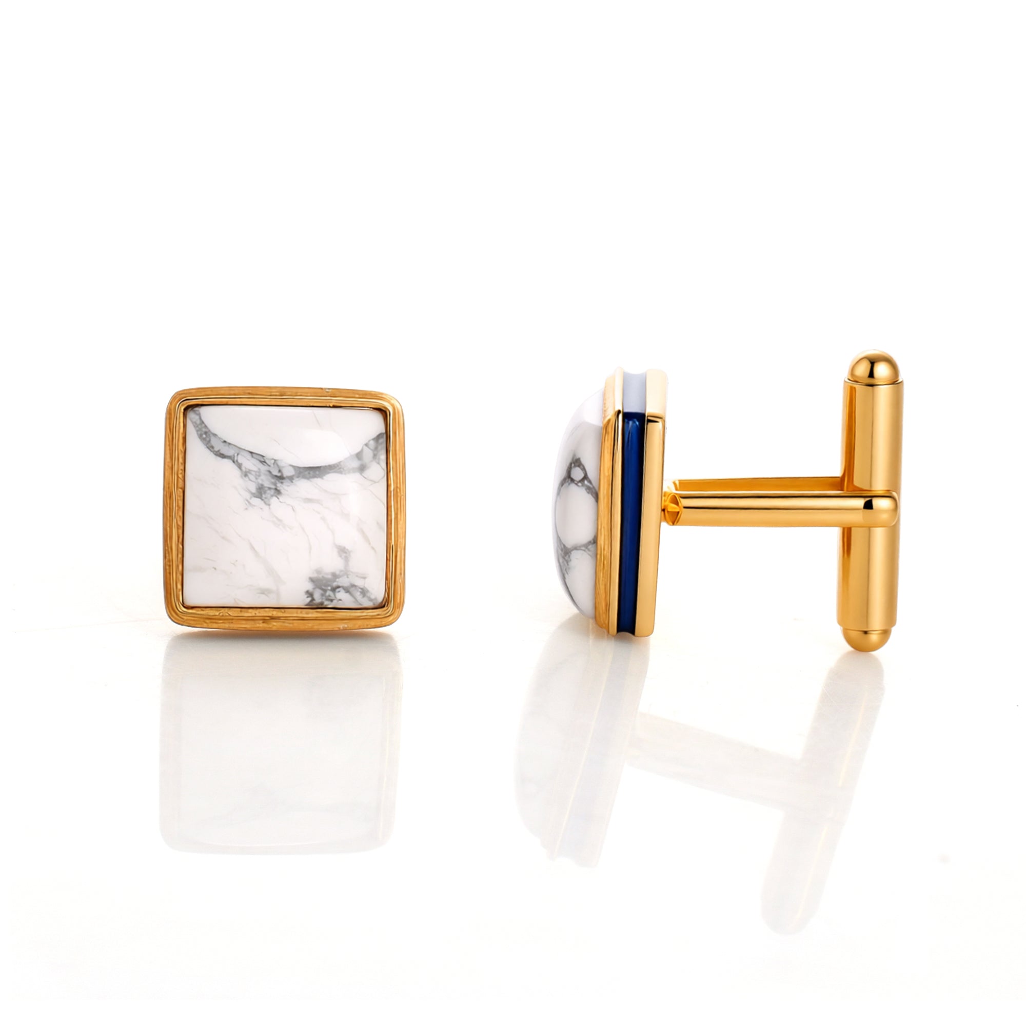 Gold cufflinks with marble and blue stone design on a white background