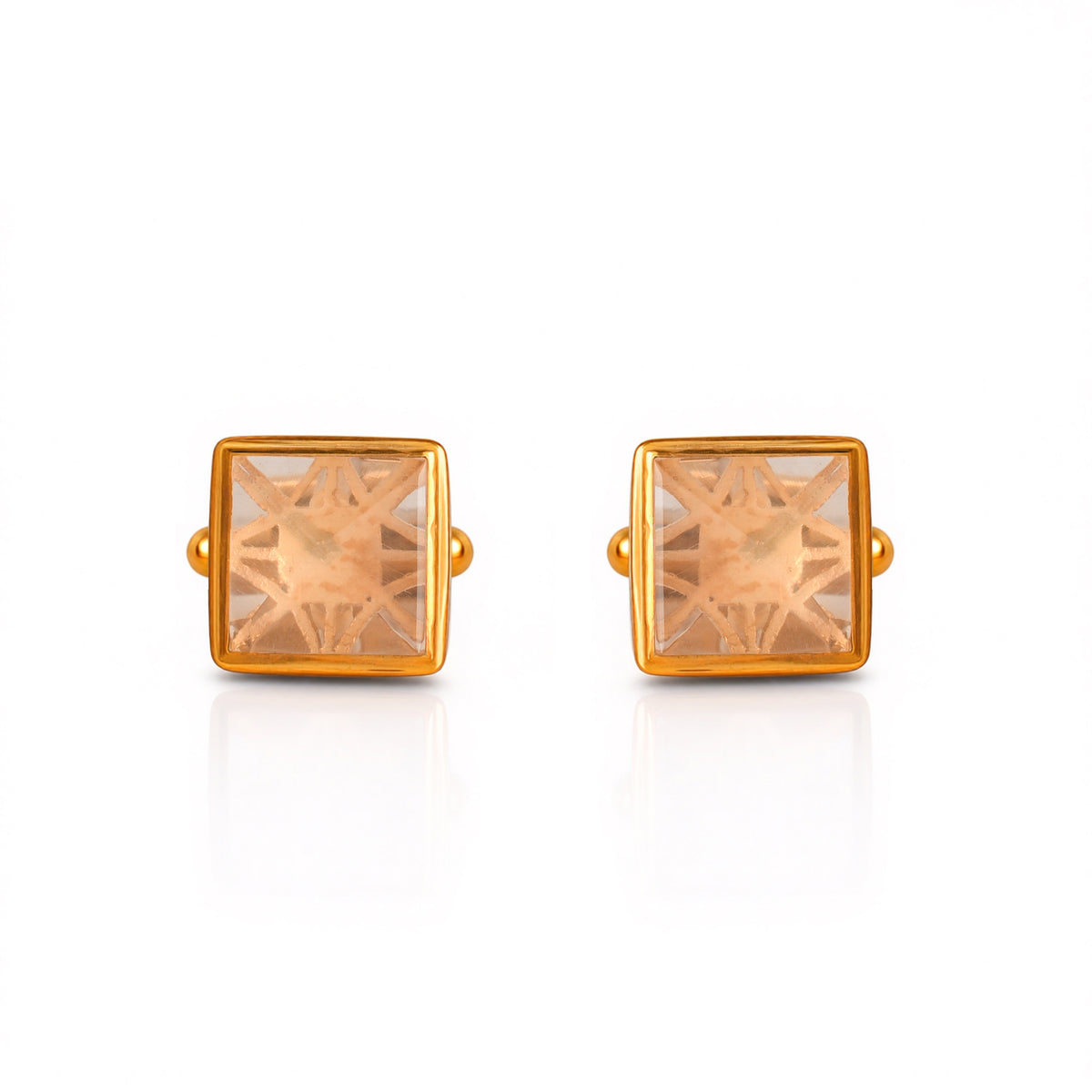Gold square-shaped earrings with clear gemstones on a white background