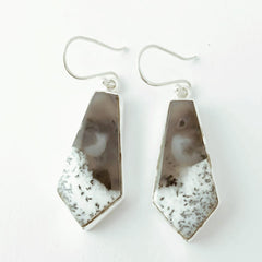 Triangle Grey and white Dendritic Agate Silver Earring