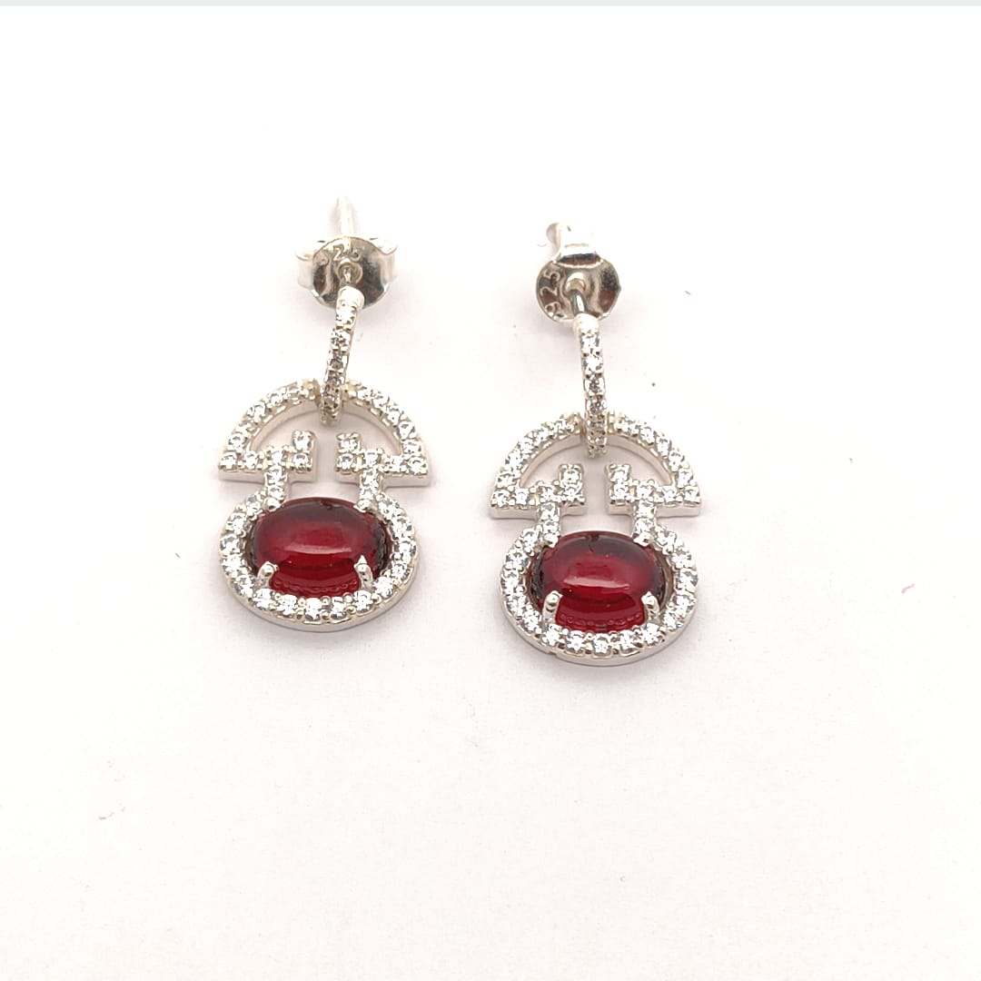 Oval Garnet Stone With Cz Silver Earrings