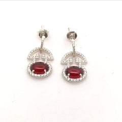 Oval Garnet Stone With Cz Silver Earrings