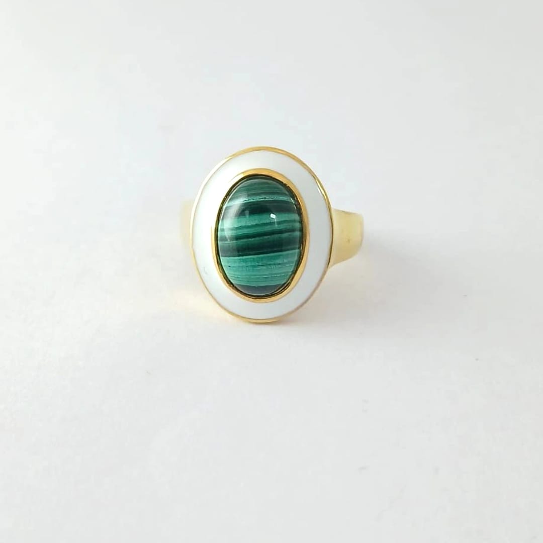 Oval Green Malachite Silver Ring with White Enamel