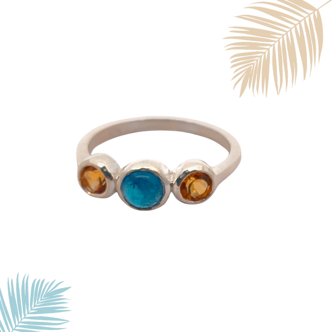 Round Neon Apatite, Citrine Silver Ring