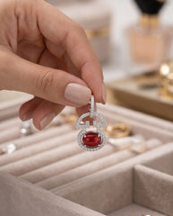 Oval Garnet Stone With Cz Silver Earrings