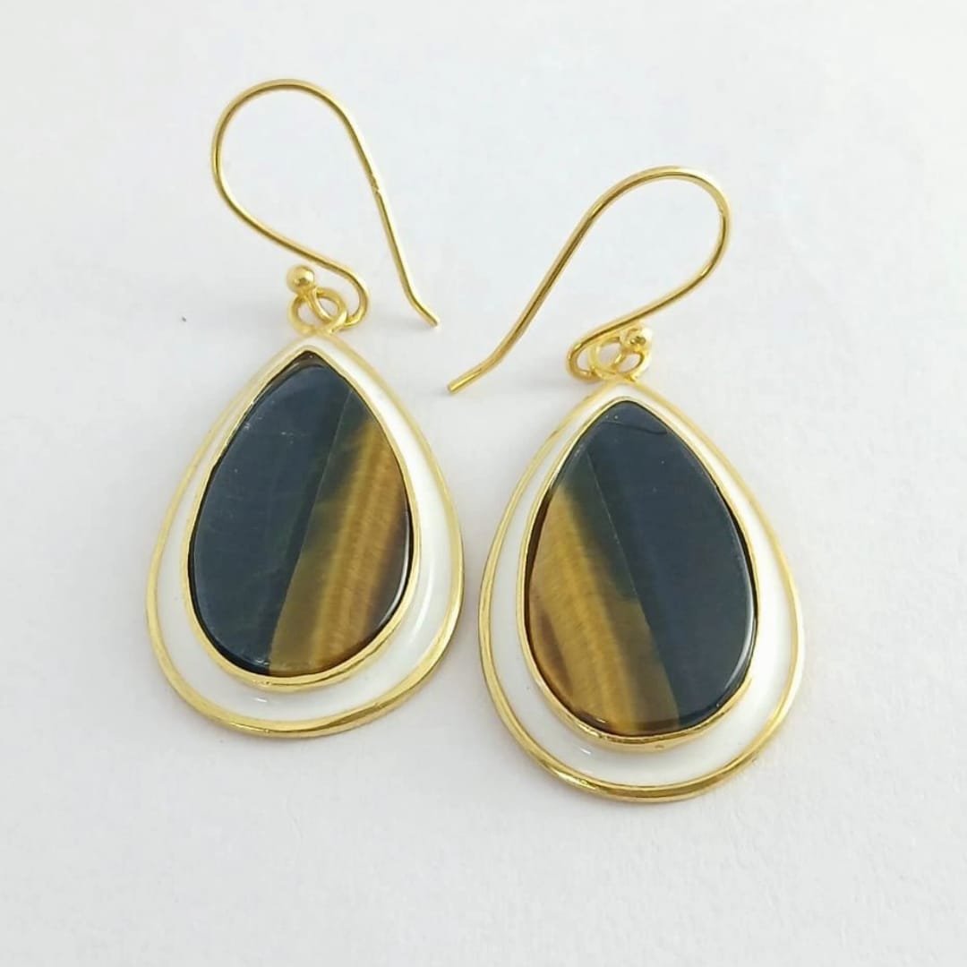 Pear Yellow & Black Tiger's Eye Silver Earrings
