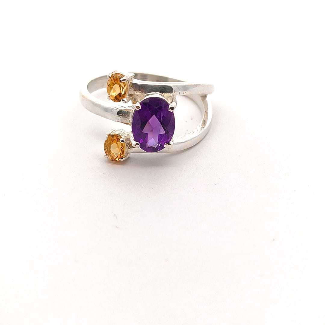 Oval Amethyst, Citrine Stone Silver Ring