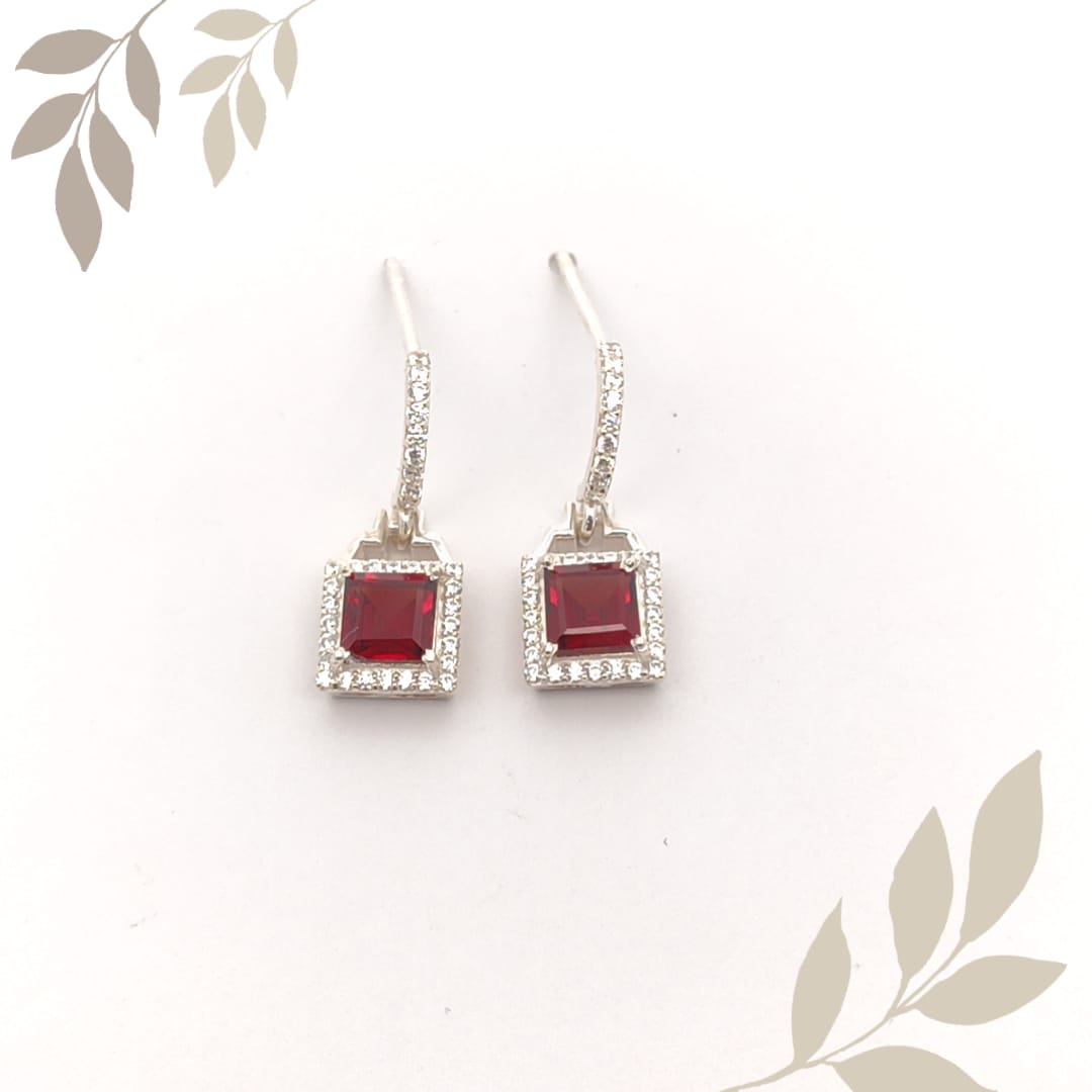 Square Garnet Stone Silver Earrings
