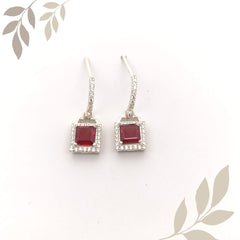 Square Garnet Stone Silver Earrings