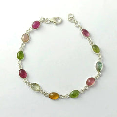 Oval multi coloured Tourmaline Silver Bracelet