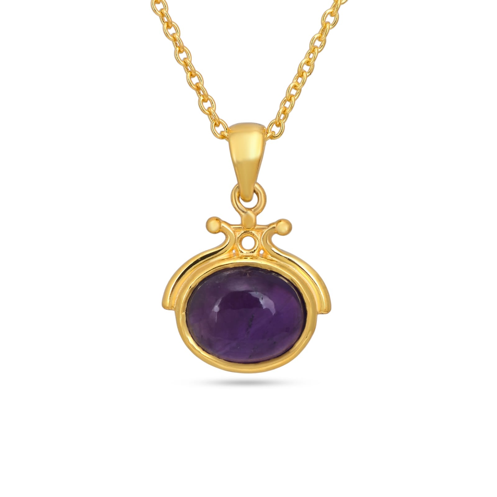 Gold necklace with a purple gemstone pendant on a white background