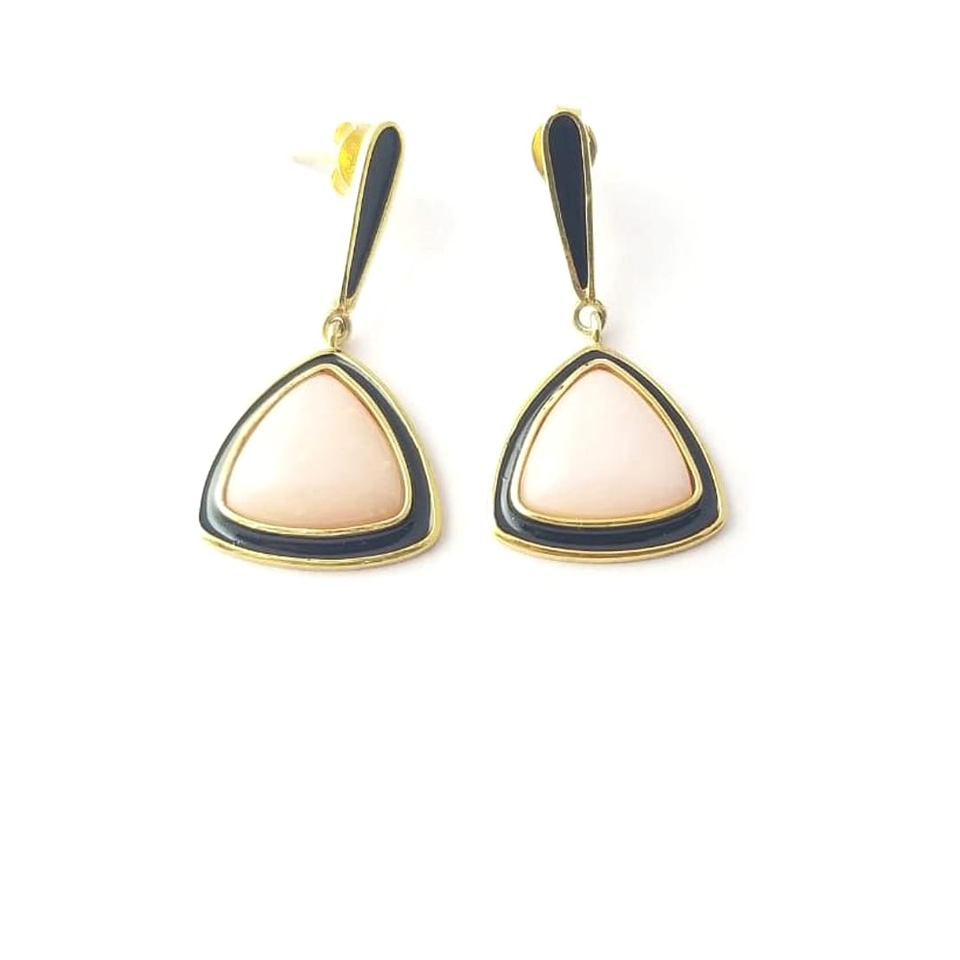 Pink opal 925 silver earrings with Black enamel