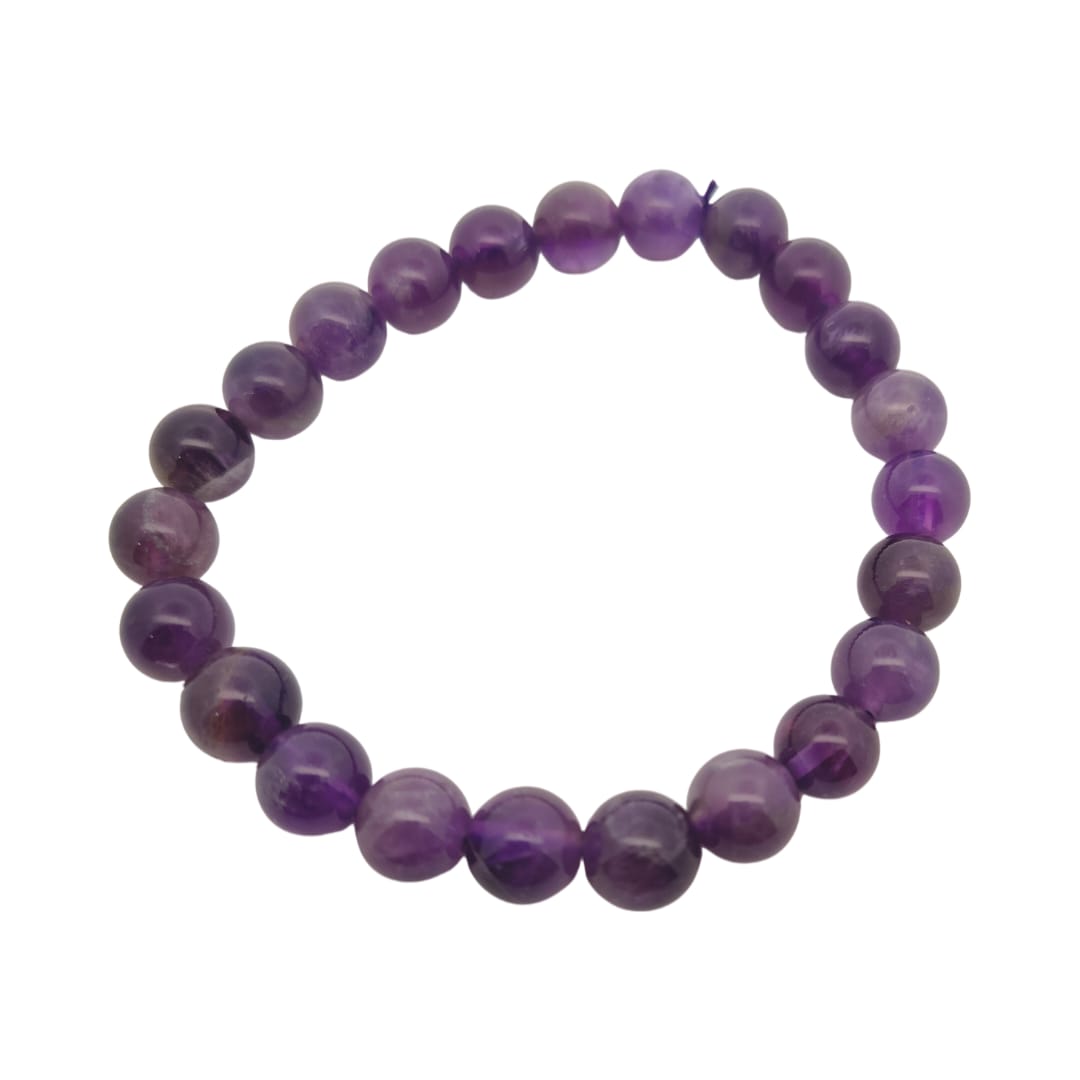 Purple beaded bracelet on a white background