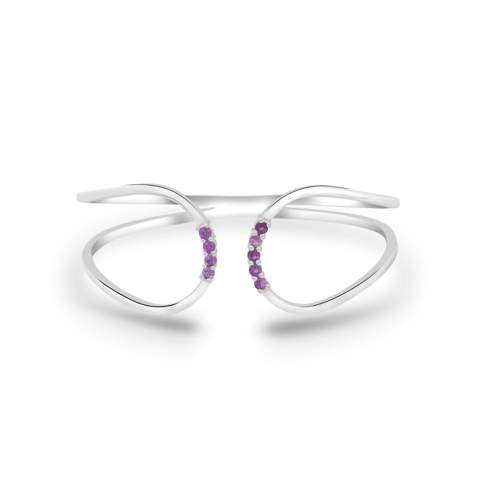 Silver bracelet with purple gemstones on a white background