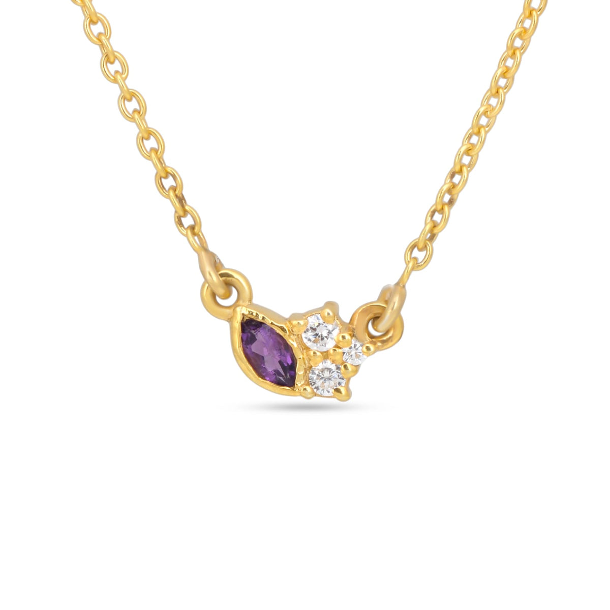 Gold necklace with a purple gemstone and small diamonds on a white background