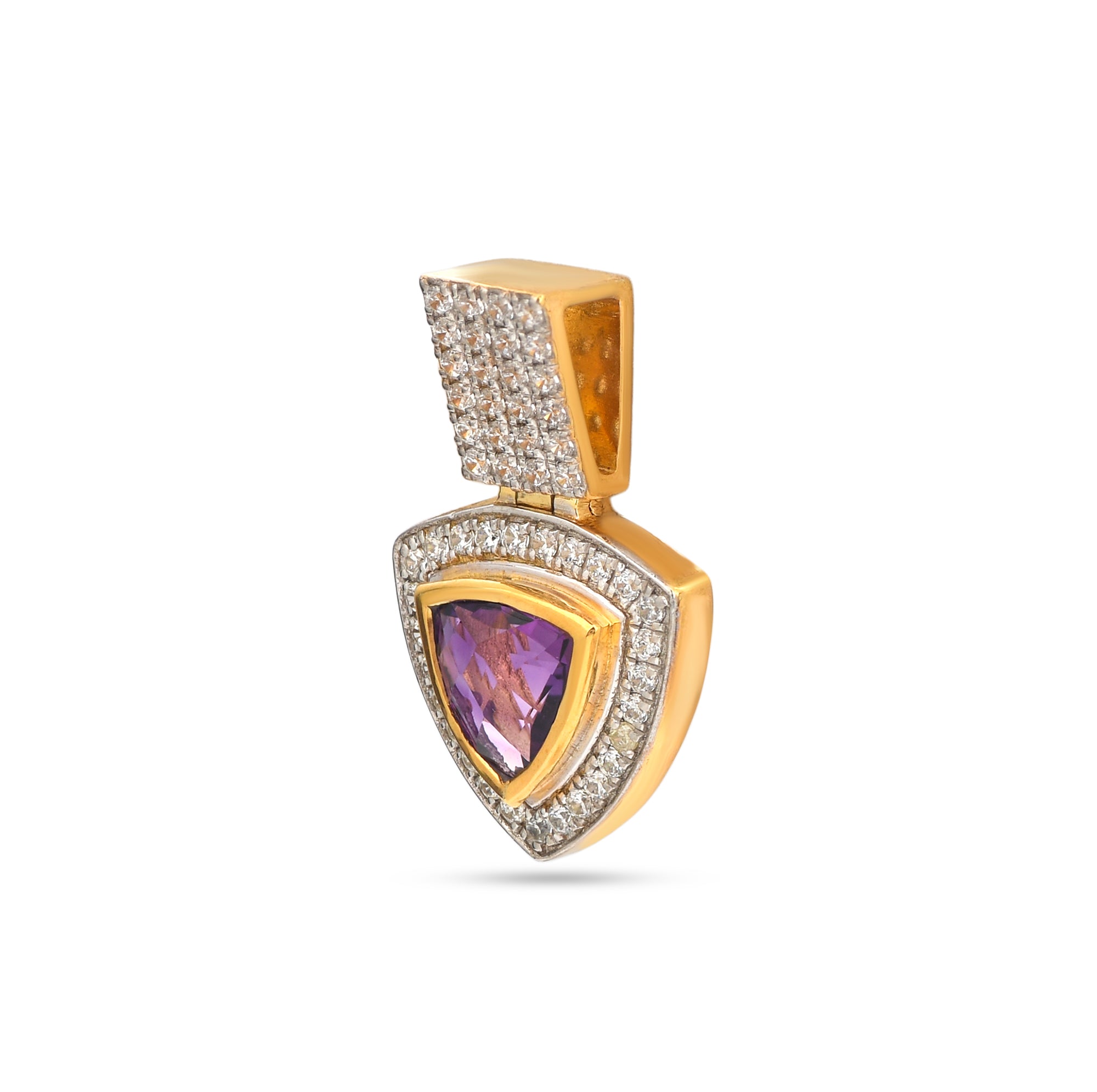 Gold pendant with a purple gemstone and diamond accents on a white background