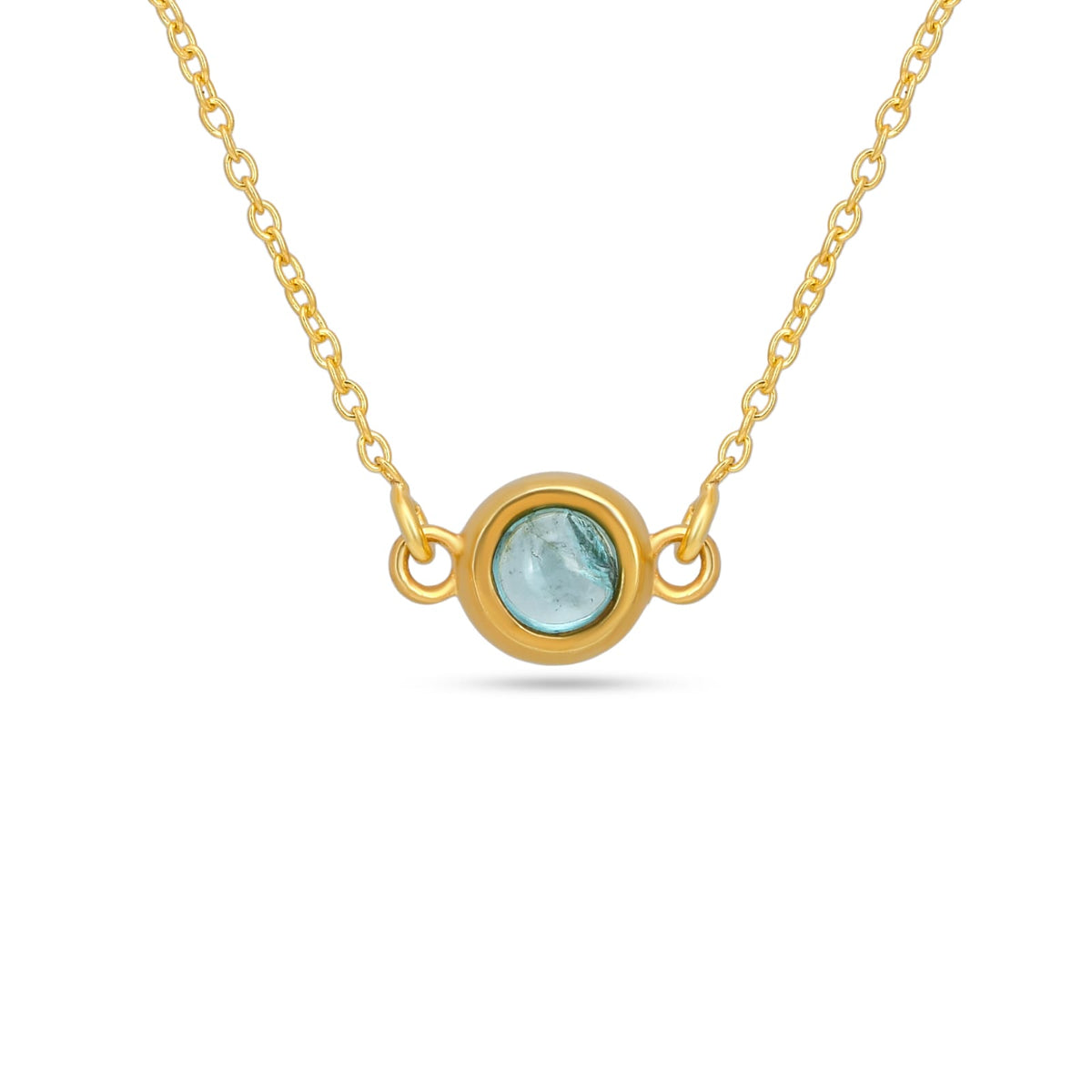Gold necklace with a round gemstone pendant on a white background