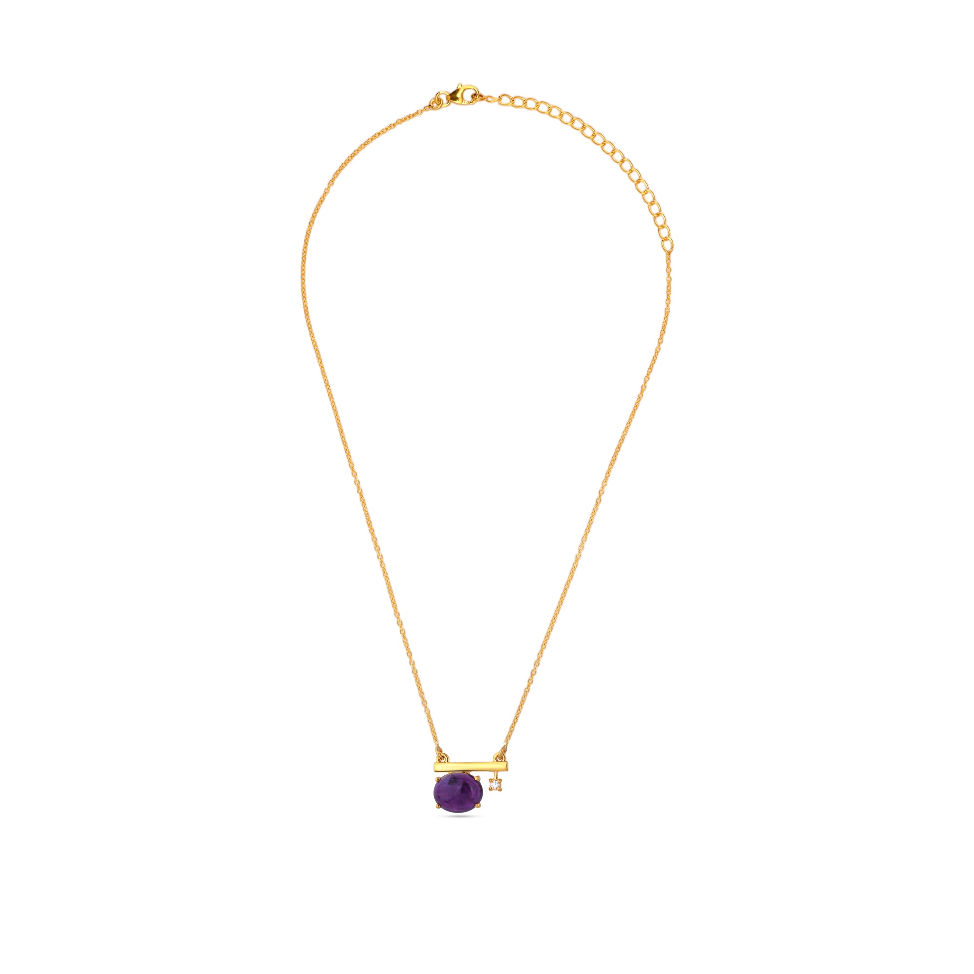 Gold necklace with a purple gemstone on a white background