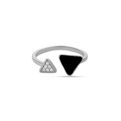Black Enamel With CZ 925 Silver Adjustable Ring