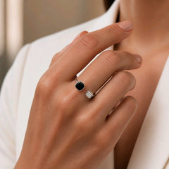 Black Enamel With CZ 925 Silver Adjustable Ring