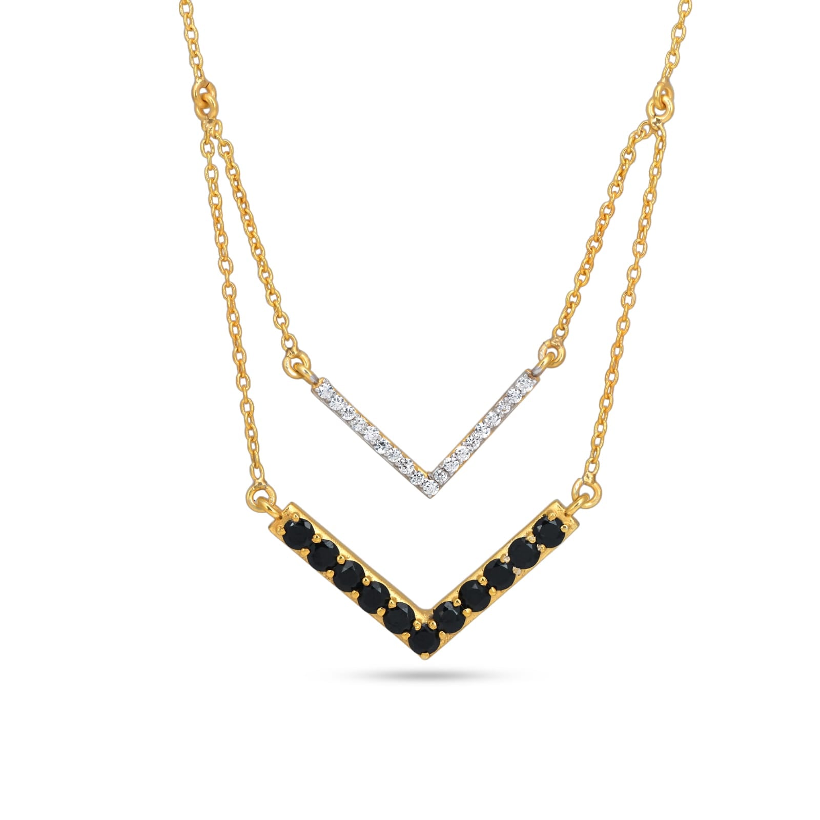 Gold necklace with black and white gemstones on a white background