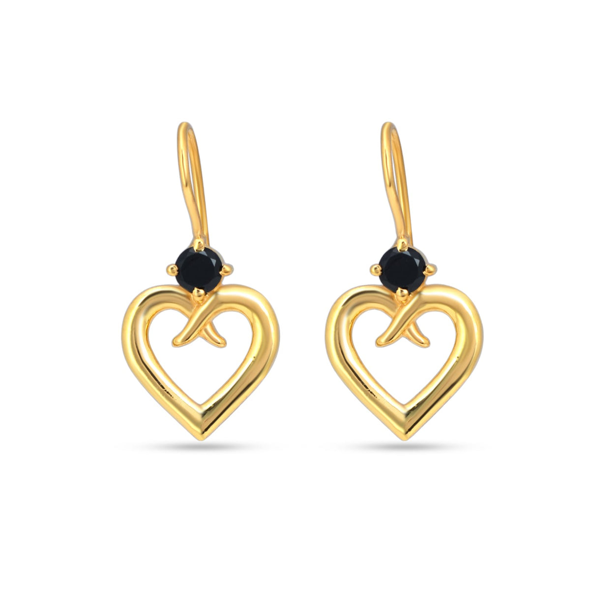 Gold heart-shaped earrings with black gemstones on a white background