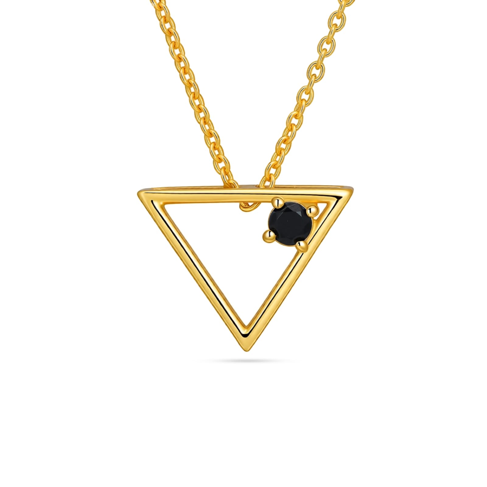 Gold necklace with a triangular pendant featuring a black gemstone on a white background