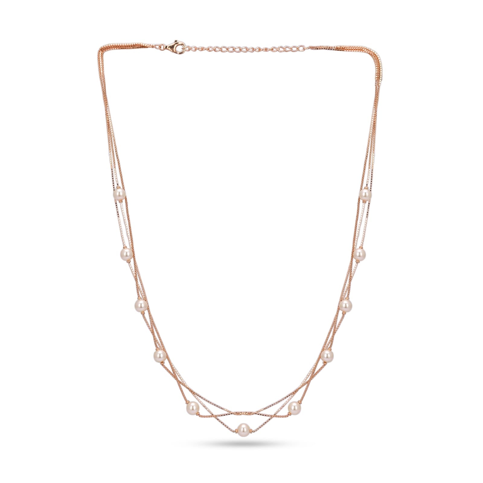 Rose gold necklace with pearls on a white background