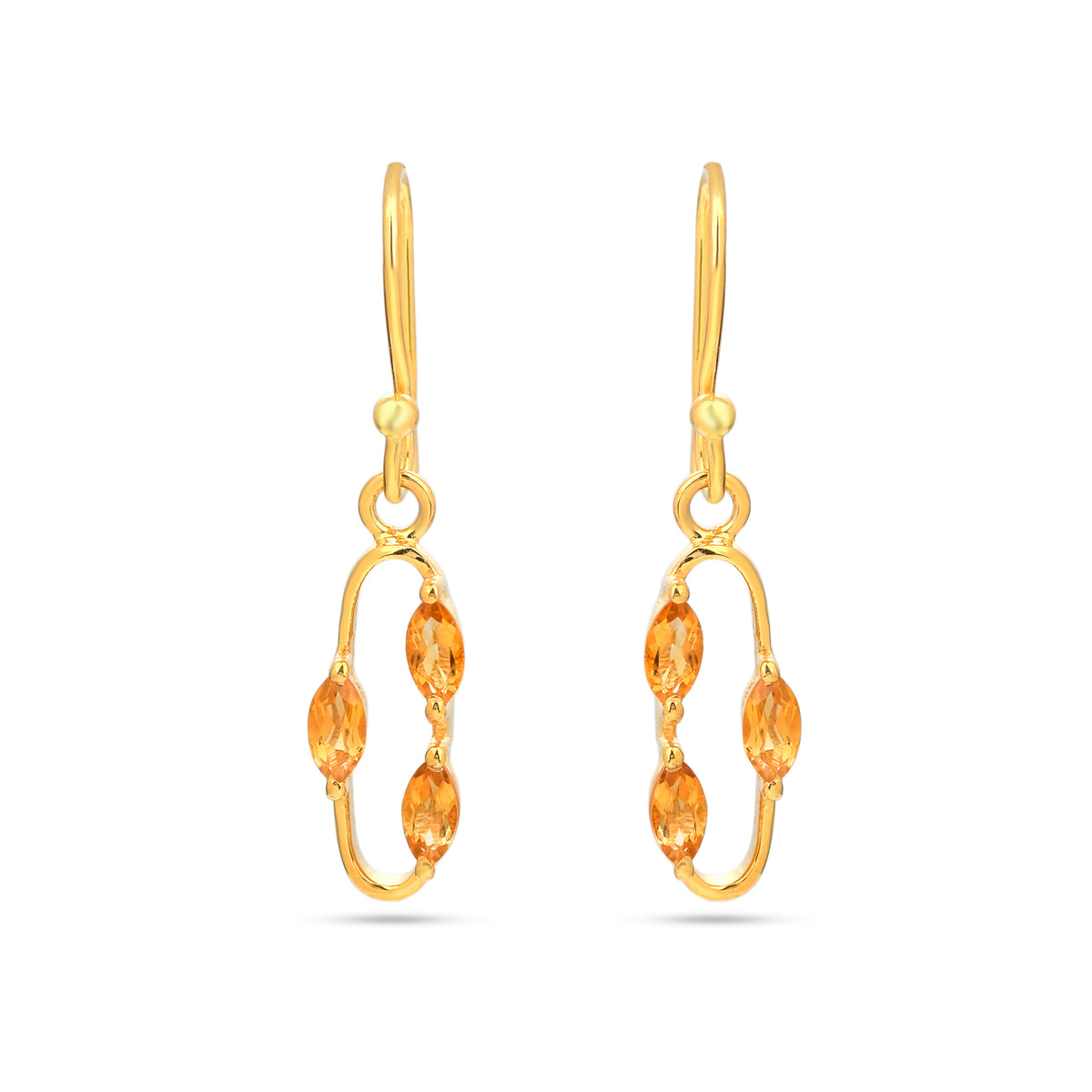 Gold earrings with orange gemstones on a white background