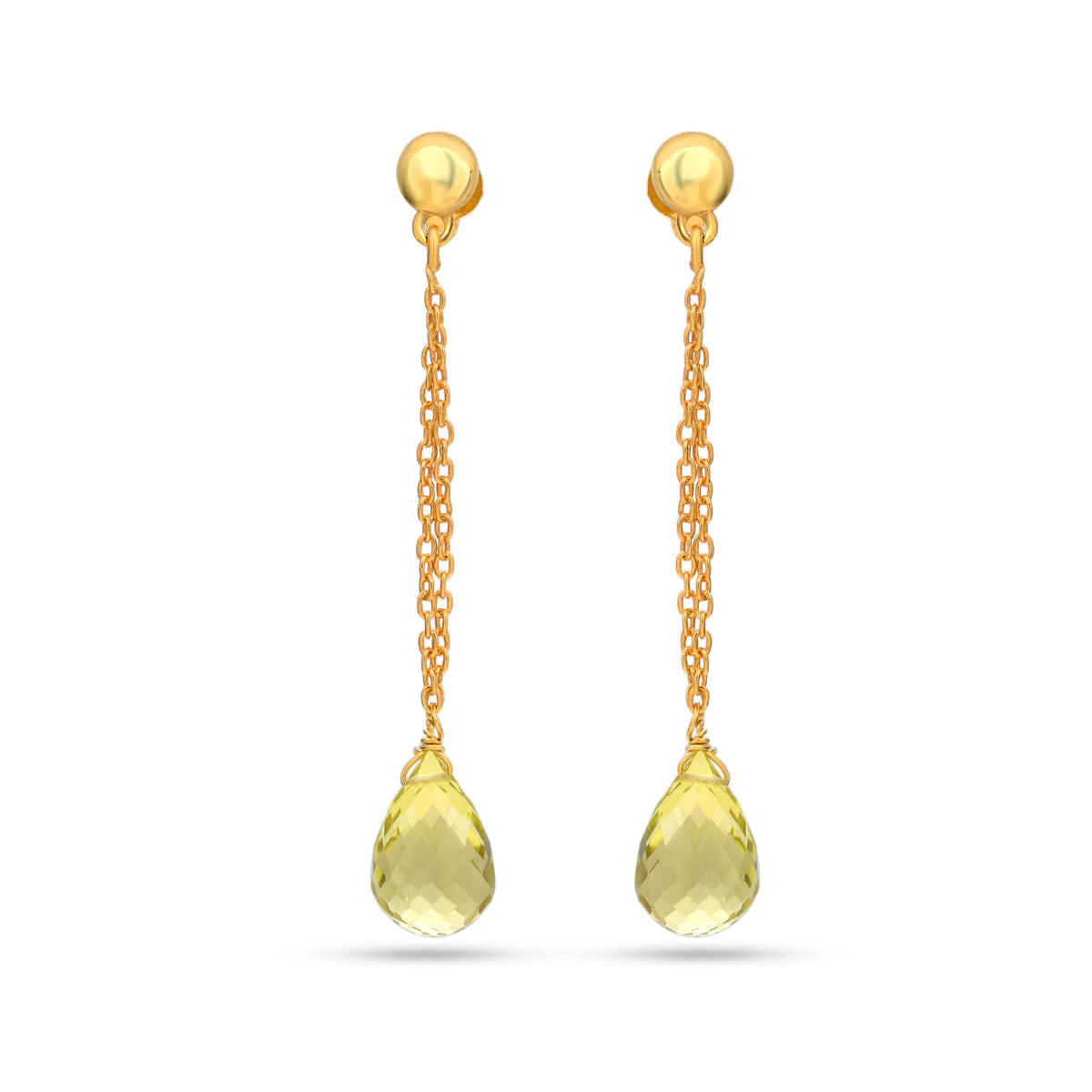 Gold earrings with teardrop-shaped yellow gemstones on a white background