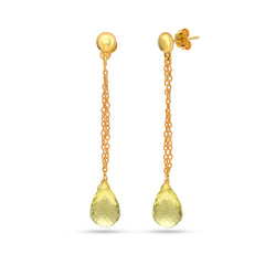 Gold earrings with teardrop-shaped yellow gemstones on a white background