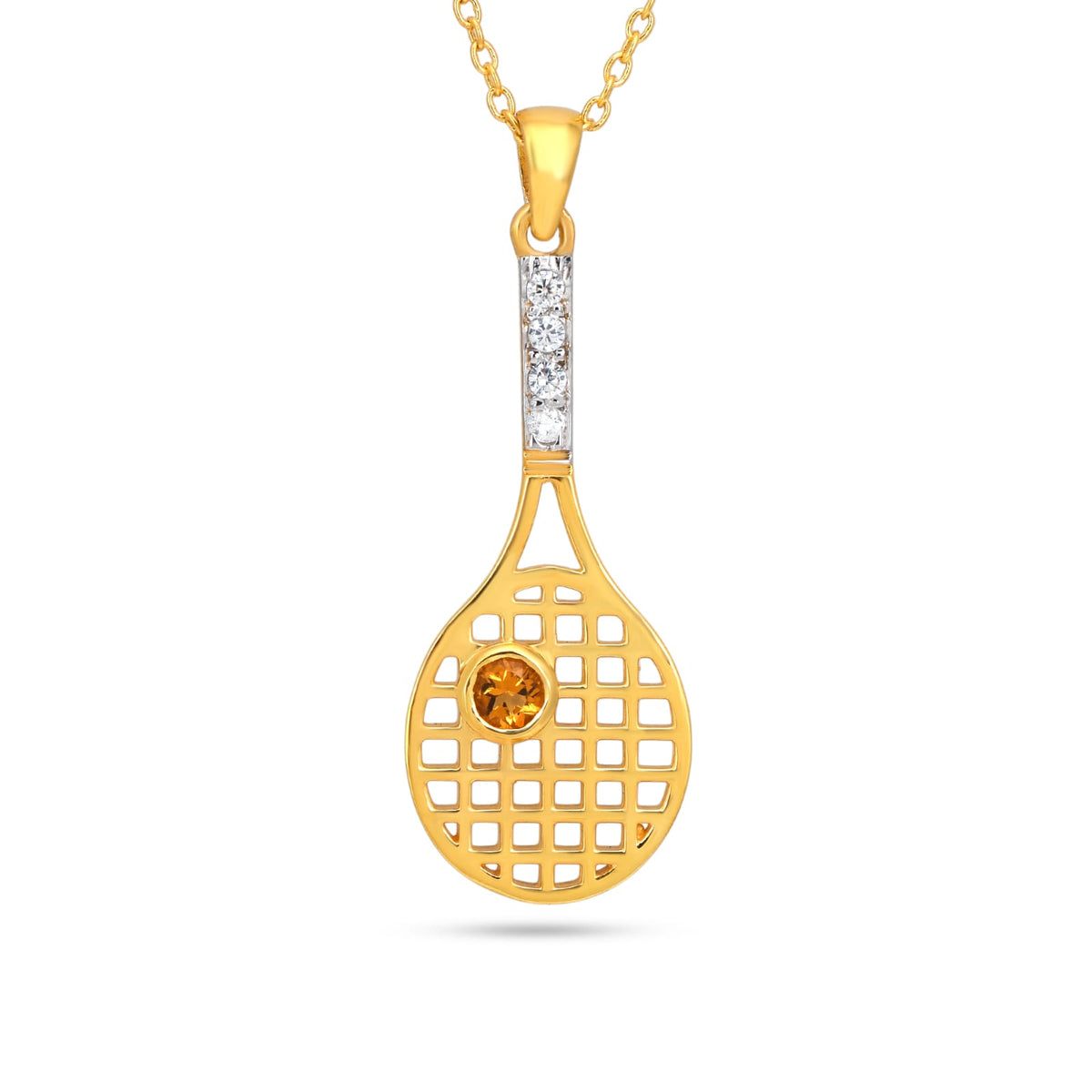 Gold tennis racket-shaped pendant with a central gemstone on a white background