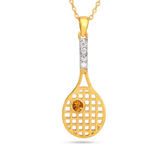 Gold tennis racket-shaped pendant with a central gemstone on a white background
