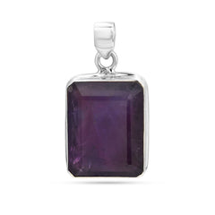 Silver pendant with a rectangular purple gemstone on a white background