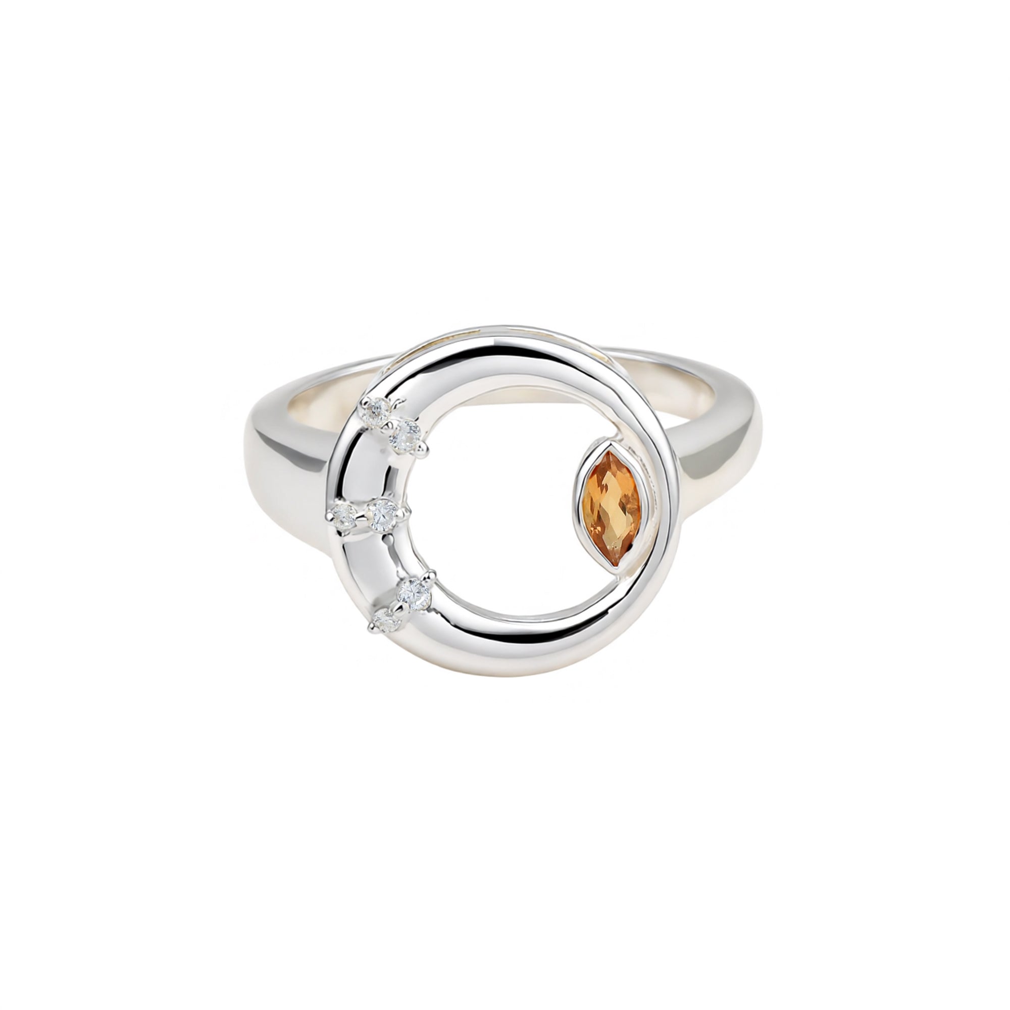 Silver ring with a central brown gemstone and smaller clear stones on a white background