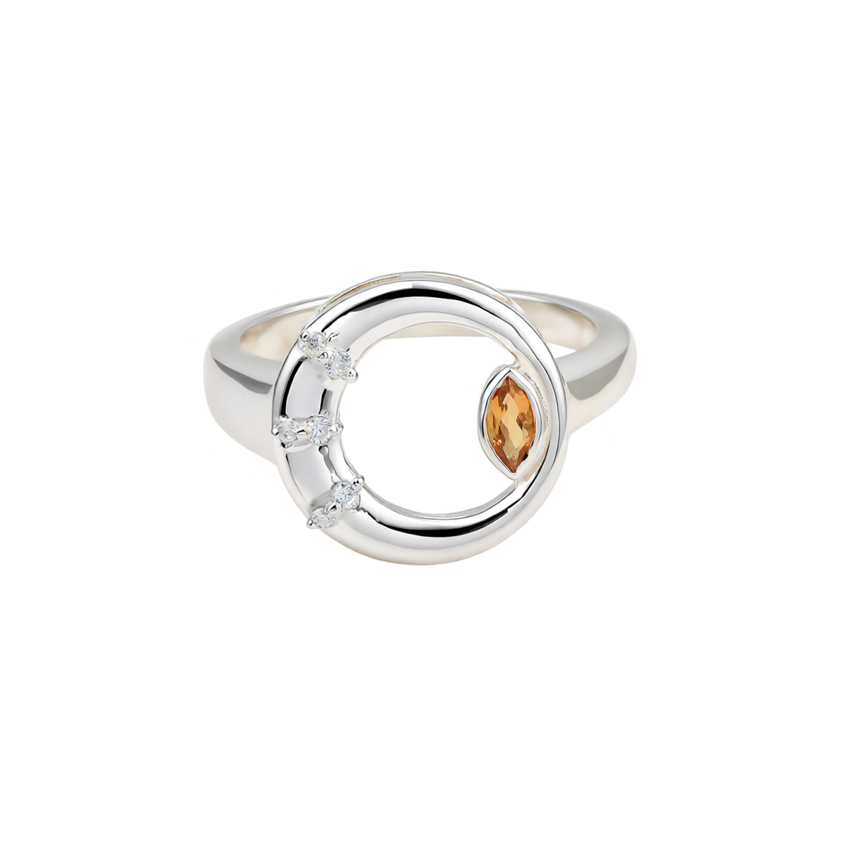 Silver ring with a central brown gemstone and smaller clear stones on a white background