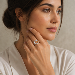 Woman wearing a silver ring, touching her neck against a neutral background