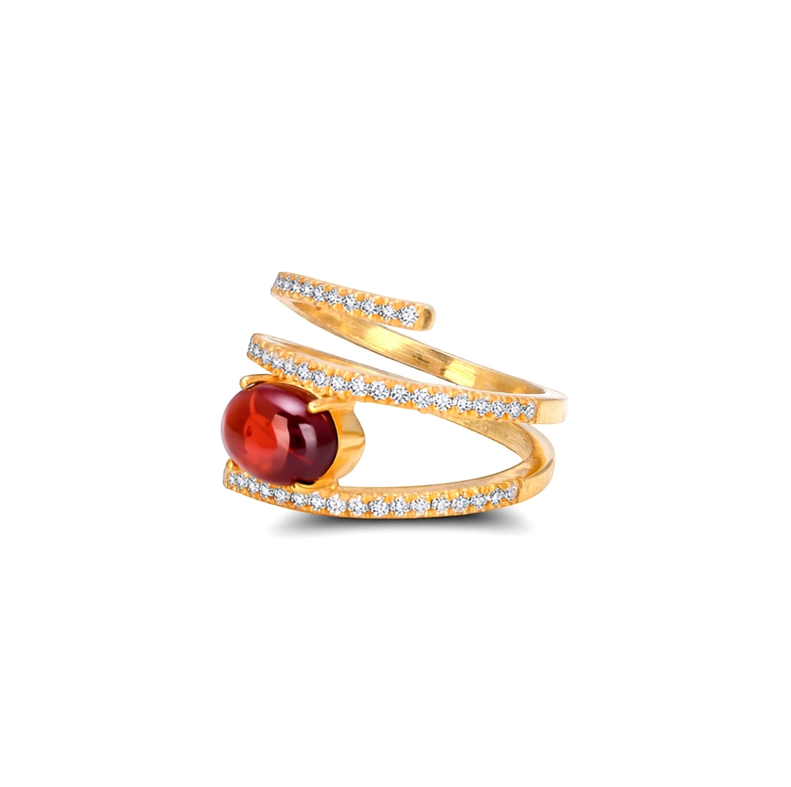 Gold ring with a red gemstone on a white background