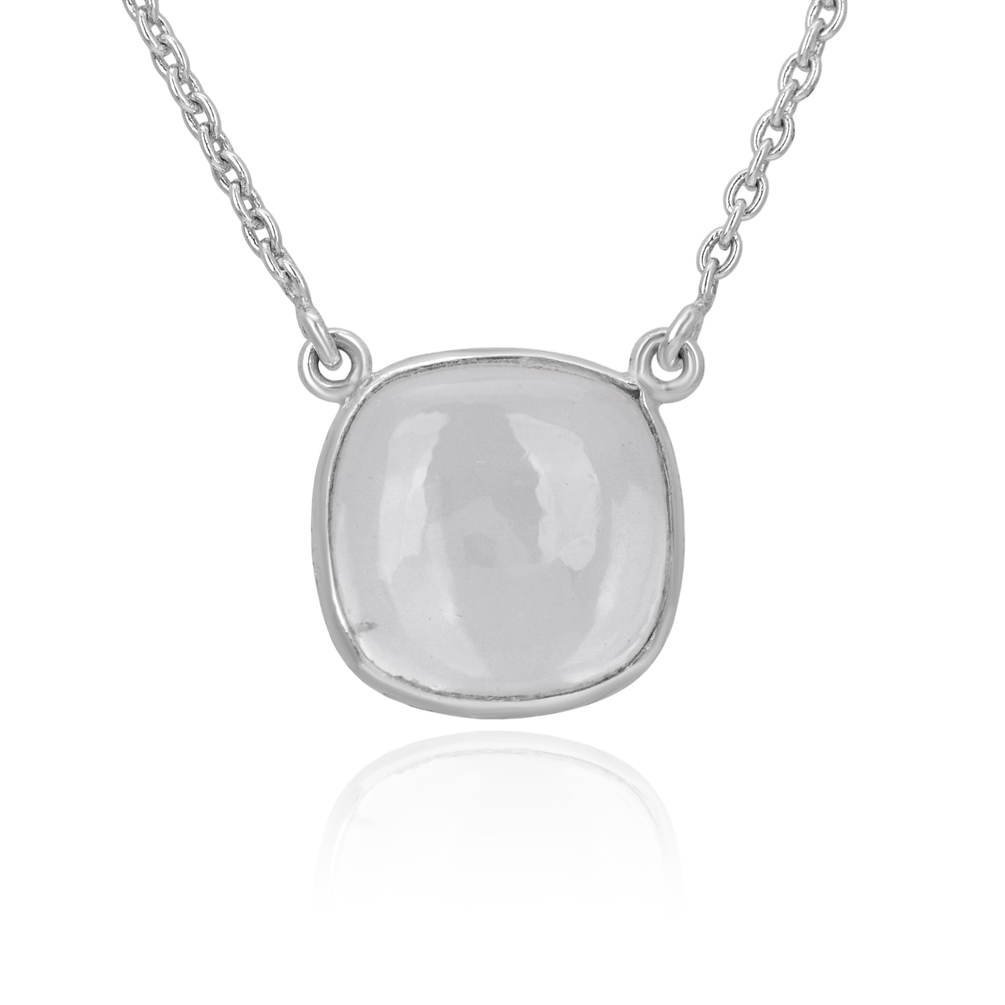 Silver necklace with a clear stone pendant on a white background